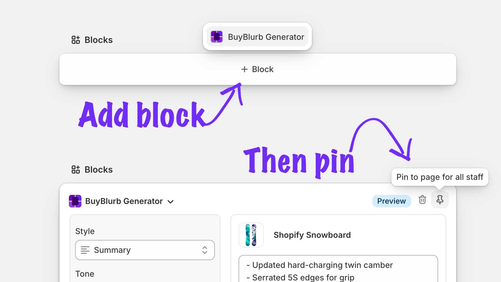 Add and pin the BuyBlurb admin block