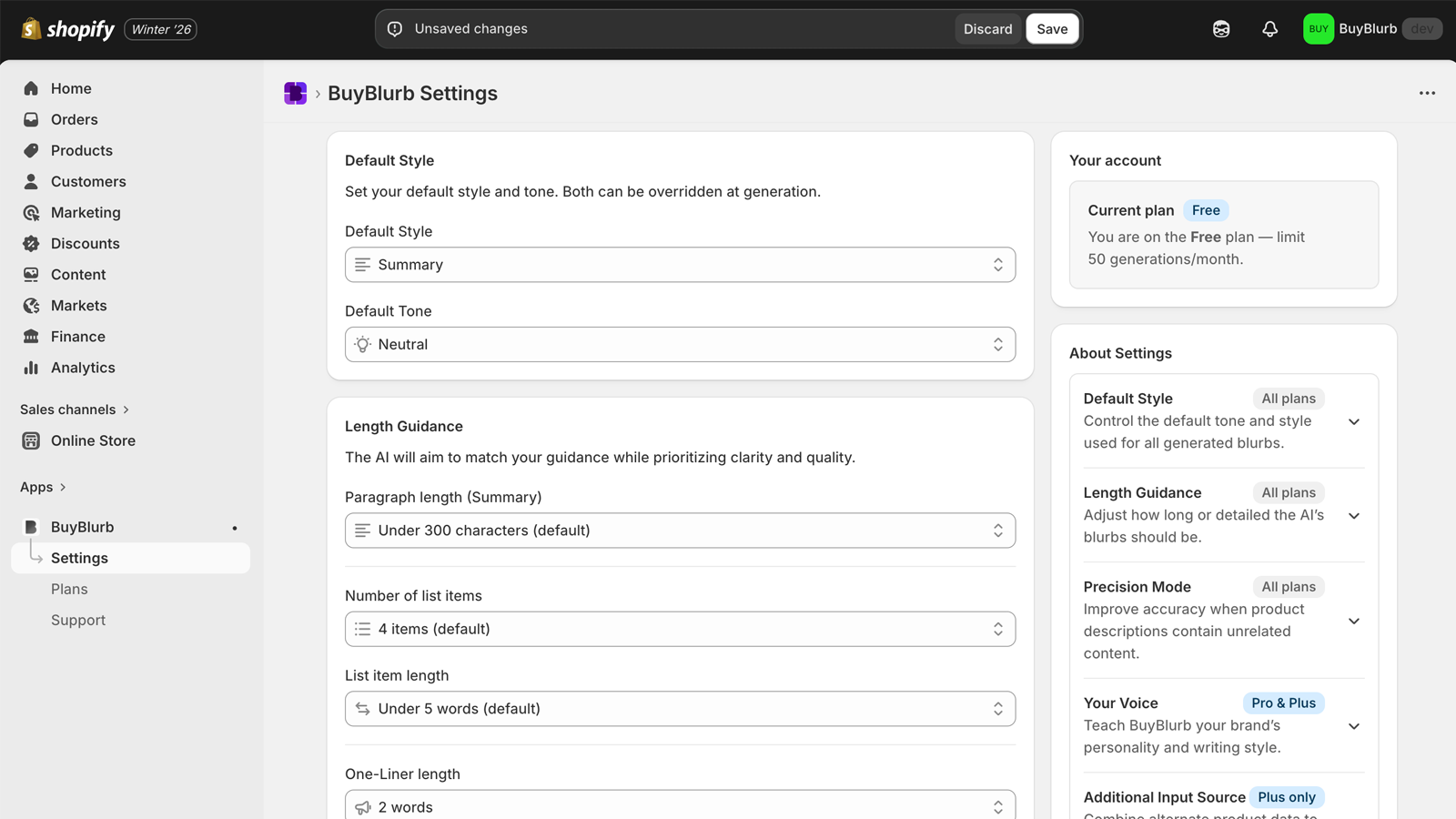 BuyBlurb app settings