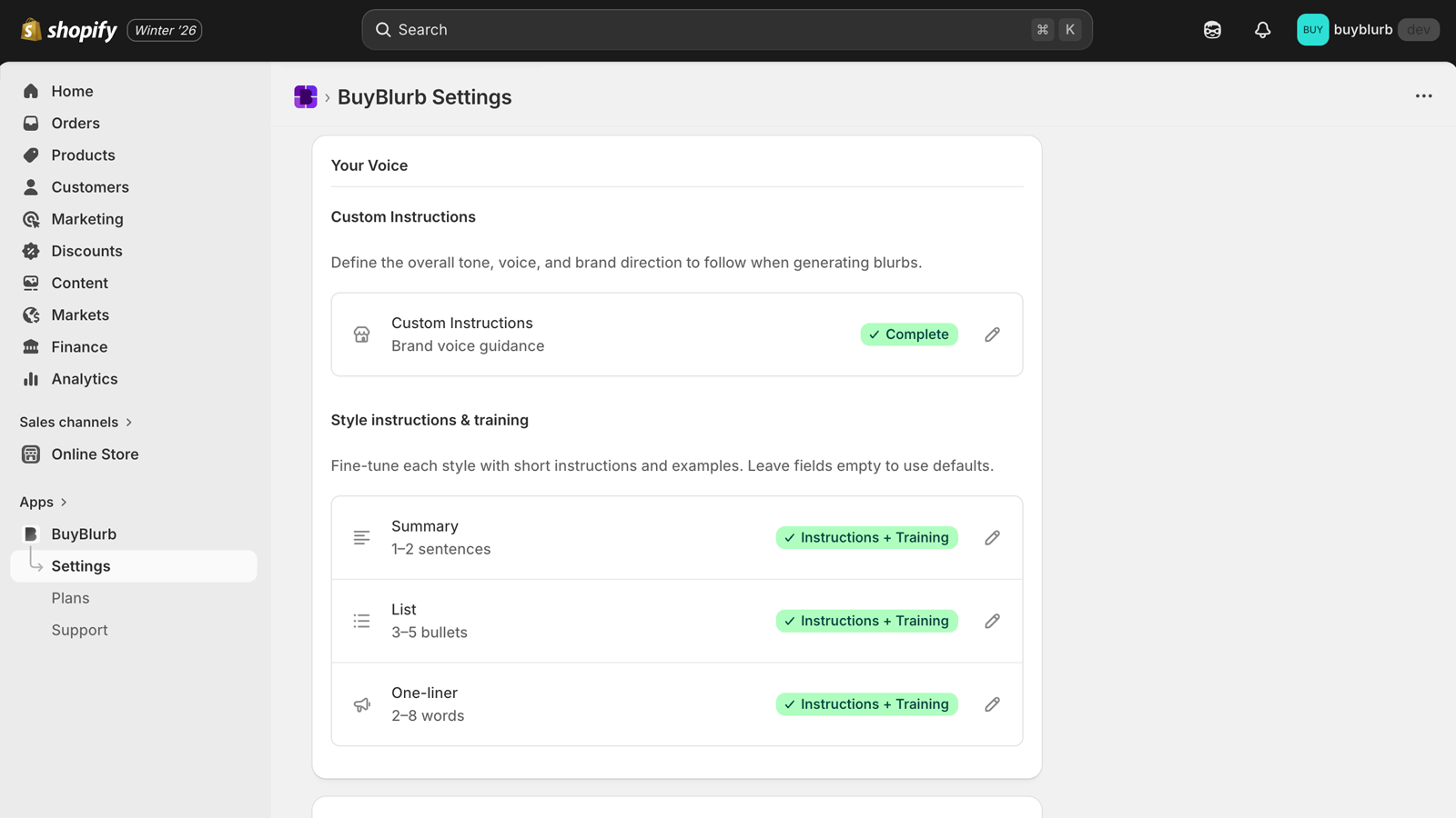 BuyBlurb Your Voice settings