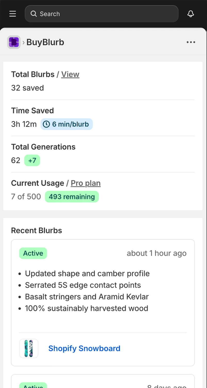 BuyBlurb dashboard - mobile view